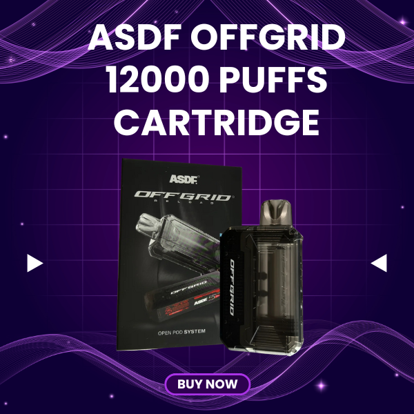 ASDF Offgrid 12000 Puffs Cartridge with battery display and 10ml e-liquid capacity.