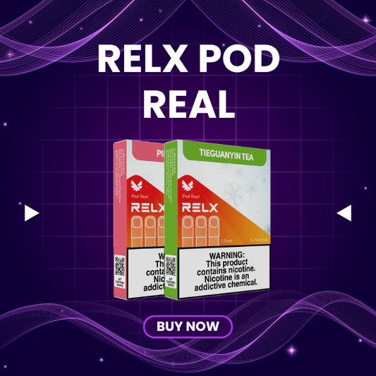 Relx Pod Real 3-pack packaging showing Vcot technology logo